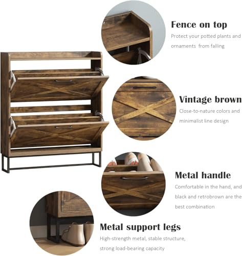 Chulovs 2-Flip-Drawer Shoe Storage Cabinet – Freestanding Narrow Shoe Organizer with Metal Legs, Rustic Brown for Entryway