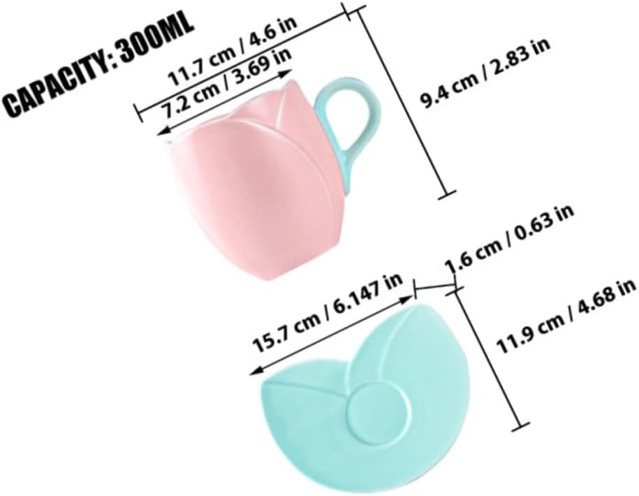 Ceramic Coffee Cup and Saucer Set Tulip Shape 300ml Large Capacity Porcelain Mug with Handle Pink for Office Tea and Breakfast Use
