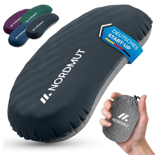 NORDMUT Campingkissen aufblasbar [SoftSleep+] Komfortables Kissen Ultraleicht mit kleinem Packmaß Reisekissen aufblasbar inkl. waschbarem Kissenbezug (Schwarz)