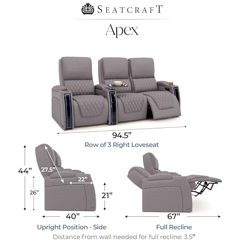Image of Seatcraft Apex Gray Italian Leather Home Theater Seating, Zero Gravity Power Recliner Chair, Powered Headrest and Lumbar Gaming and Lounge Sofa Furniture for Cinema Room, Row of 3 Right Loveseats