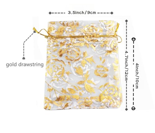 Image of QIANHAILIZZ 100 pcs 3.5 x 4.7 Inch Flower Heart Organza Jewelry Gift Pouch Candy Pouch Drawstring Wedding Favor Bags X92 (white gold flower)