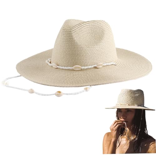 Chapeaux à large bord femme en paille tressée et perles mer