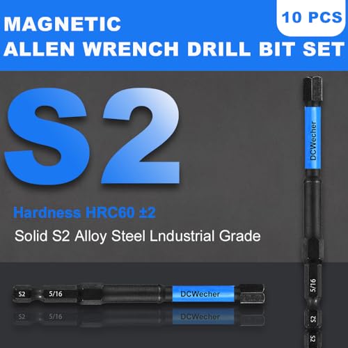 Image of 10-Piece Impact Allen Key Drill Bit Set - 4-Inch Long Hex Bit Set (SAE), Magnetic Head, S2 Alloy Steel, 1 /4'' Hex-Shank, for DIY Furniture Assembly & Car Repairs, by DCWecher
