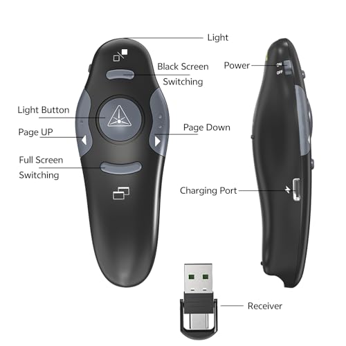 Presentation Clicker with Case Storage: PowerPoint Wireless Presenter Remote USB Type C Rechargeable Red Laser Pointer Clickers for Computer Project Mac PPT Slideshow Google Slide Advancer