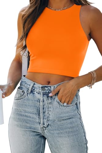 EFAN Womens Sexy Sleeveless High Neck Crop Tops Workout Cute Racerback Cropped Tank Tops Summer Clothes Teen Girls Orange S