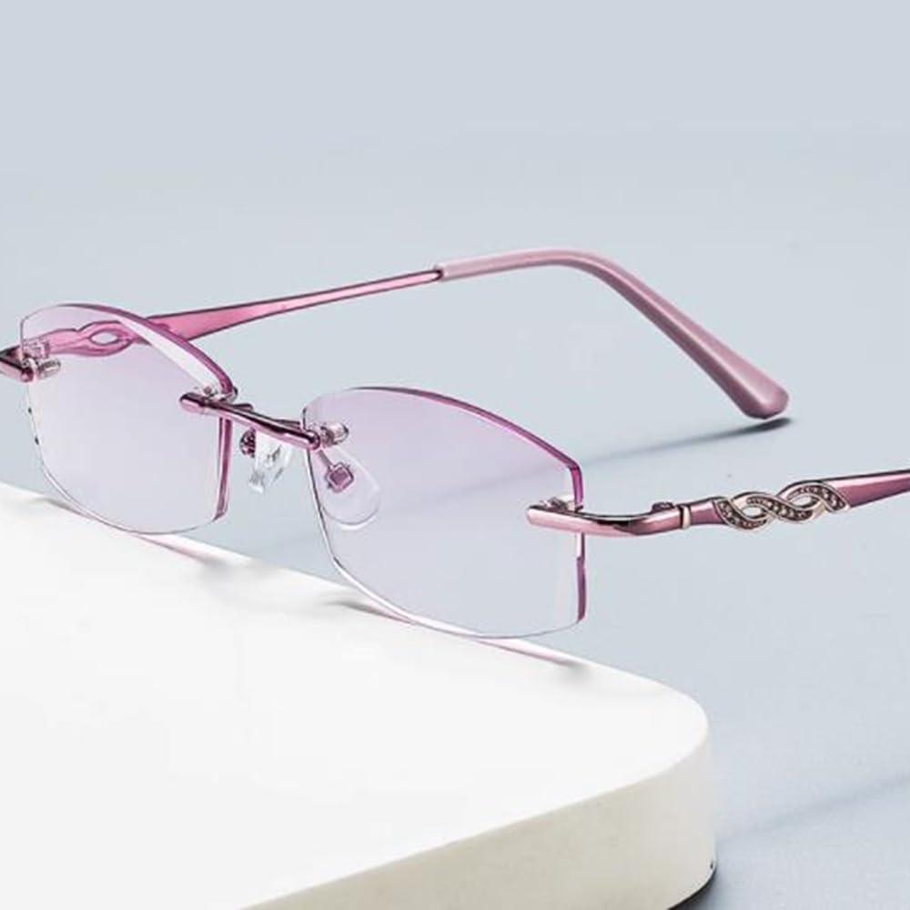 Gafas De Lectura Sin Marco Mujeres Moda Gafas de computadora Corte de diamante Gafas Anti Glare Metal Morado Templos +3.0