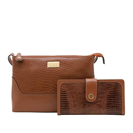Kit Bolsa Transversal e Carteira de Couro Legítimo Lezard Mariart 2194+100 (Havana)
