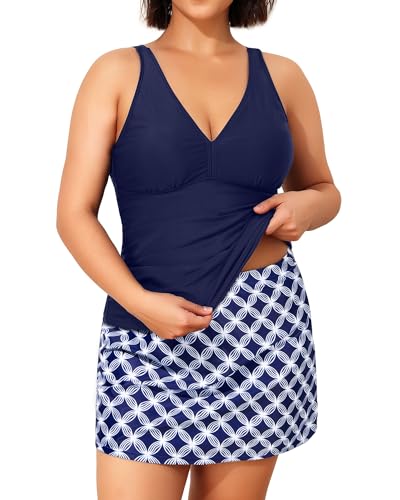 Daci Women Plus Size Tummy Control Tankini with Skirt Two Piece Bathing Suits V Neck Swimsuits2