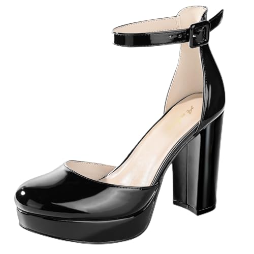 Image of Ankis Black Platform Closed Toe Heels for Women, Womens Heels Closed Round Toe Chunky Block Pumps Shoes, 4 Inch