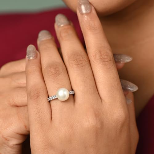 Image of Clara Pure 925 Sterling Silver Amore Real Pearl Size Adjustable Finger Ring | Gift for Women and Girls | Swiss Zircon Platinum Plated