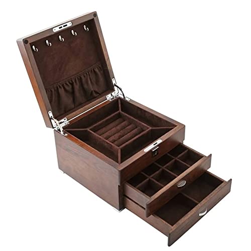 Joyero de Madera Maciza, Organizador de Joyas, Estuche para Joyas de 3 Capas, Caja de Almacenamiento de Joyas Vintage con Cerradura y Llave