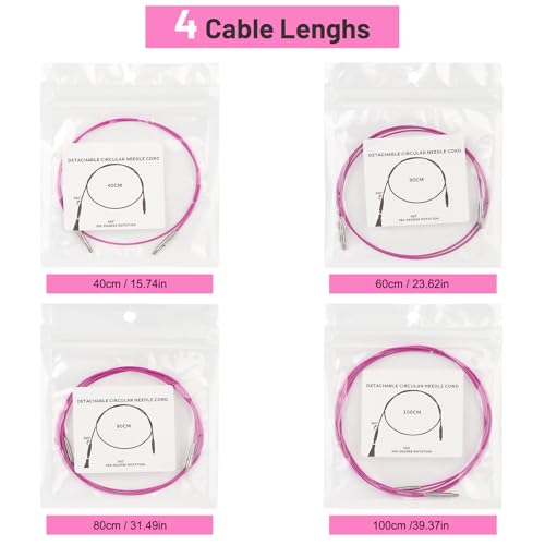 Image of Aeelike Interchangeable Cables for Knitting and Tunisian Crochet, 4 Size Set in 16 inch (40cm) 24 inch (60cm) 32 inch (80cm) and 40 inch (100cm) Flexible Steel Knitting Cords for Aluminum Needles