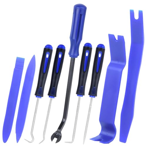 Xinodle 9Pcs Auto Trim Removal Tool Kit with Plastic Pry Tool, Fastener Clip Pliers, Car Interior Panel Door Window Removal Tools, Clip Remover Tool with Precision Hook and Pick Set for Automotive