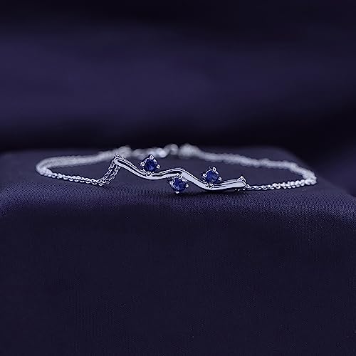 Affy Round Shape Simulated Blue Sapphire Three Stone Bar Link Chain Bracelets In 14K White Gold Over Sterling Silver -8.5" #TOP2