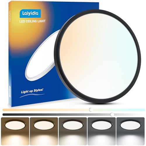 Laiyidia 12-inch Round LED Flush Mount Light (1 Pack) - 24W 2640LM Dimmable, 5 CCT Selectable, Easy Install Ceiling Panel Fixture for Bedroom, Kitchen, Hallway, Apartment, Laundry, Matte Black