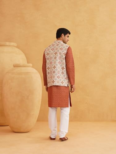 Image of SOJANYA (Since 1958 Men's Cotton Linen Maroon Kurta and White Pyjama with Mustard Cotton Nehru Jacket