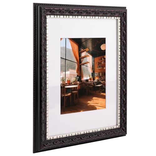 Image of Golden State Art, 9X12 Ornate Finish Photo Frame with White Mat for 6X8 Picture & Real Glass, Color: Black with Silver & Burgundy