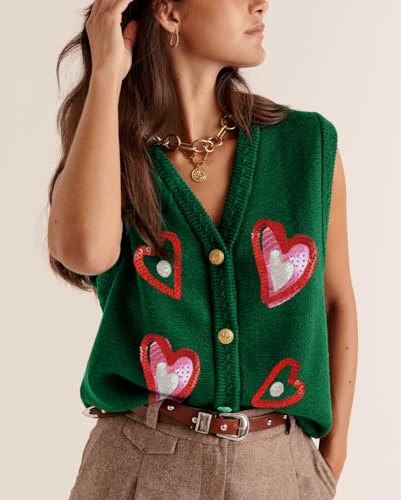 Image of Women Christmas Sweater Vests Santa Claus Print Sleeveless Knit Cardigan Vest Christmas Holiday Tank Top