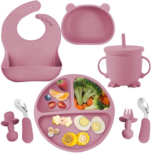Image of Mrkyy Baby Led Weaning Supplies 8 Pack Silicone Baby Feeding Set, Suction Baby Divided Plate and Bowl Set、Baby Spoon and Fork, Adjustable Bib, Baby Self Feeding Eating Utensils for 6+ Months-Deep Pink