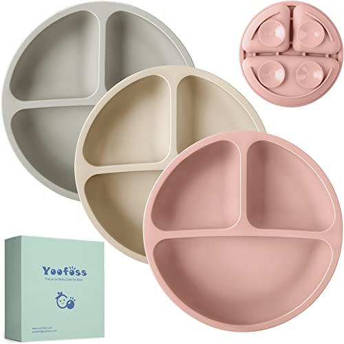 Image of Yoofoss Toddler Plates 3 Pack - Suction Plates for Baby - 100% Silicone Baby Plates - BPA Free - Microwave and Dishwasher Safe - Divided Design - Apricot,Brown&Pink