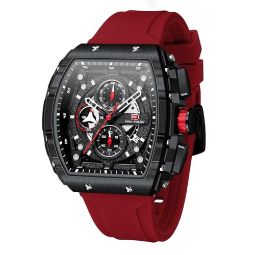AIMES Mens Watches Luxury Tonneau Large Face Chronograph Watches for Men Quartz Analog Replica Luminous Dial with Red Silicone Strap Men's Wrist Watches Business Work Dress Diver Cool Wristwatch