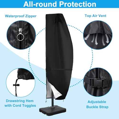 Waterproof Cantilever Umbrella Covers for 9FT to 12FT Outdoor Offset Umbrellas,420D Durable Fabric with Top Vent, Hem Drawstring Design & Zipper,Anti-UV Protection