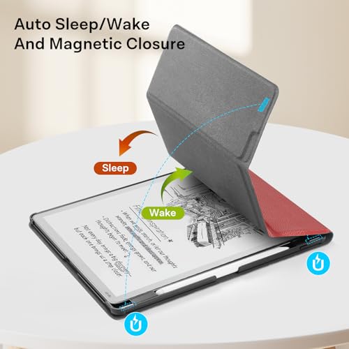 Image of CoBak Case for 11 inch Kindle Scribe 3rd Generation 2025, Kindle Scribe Colorsoft with Two Viewing Angles - All New PU Leather Cover with Auto Sleep Wake, Pen Holder. Lychee Red