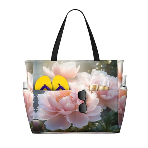 Garden Peony Print Large Capacity Foldable Washable Zipper Beach Travel Tote Bag ShoppingBag