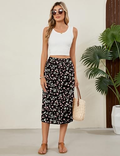 Image of Naggoo Midi Skirts for Women Summer Elastic High Waisted Basic Straight Skirt with Slit