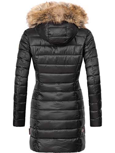 MARIKOO Damen Wintermantel warmer Steppmantel lang mit Kapuze und abnehmbarem Kunstfell-Kragen Rose Schwarz Gr. XL