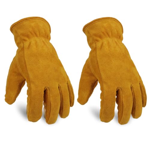 Image of OZERO 2 Pairs Winter Leather Work Gloves for Outdoor Cold Weather: Warm Thick Lining Thermal Insulated Glove for Men and Women Gold /Small