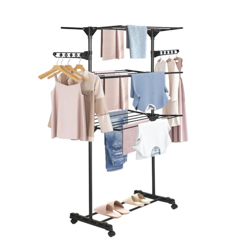 Hershii Tendedero plegable de 4 niveles, tendedero de ropa con ruedas giratorias y alas, caballo de acero al carbono para interiores y exteriores, ahorro de espacio, color negro