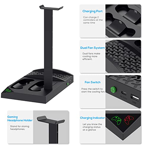 Charger Stand With Cooling Fan For Xbox Series S Console And Controller,Vertical Dual Charging Dock Accessories With 2 X 1400Mah Rechargeable Battery And Cover, Earphone Bracket For Xss #TOP1