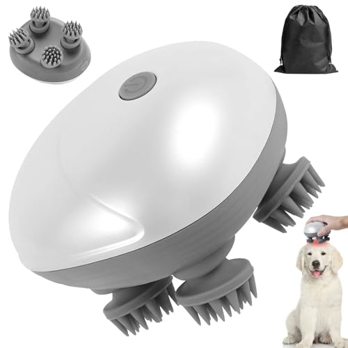 Kopfmassagegerät Elektrisch - IPX7 Wasserdicht Kopfhaut-Massagegerät USB Kabelloses Handmassagegerät mit 4 Massageköpfen und 3 Massagemodi für Ganzkörpermassage Haarwachstum Auch für Katzen Hunde