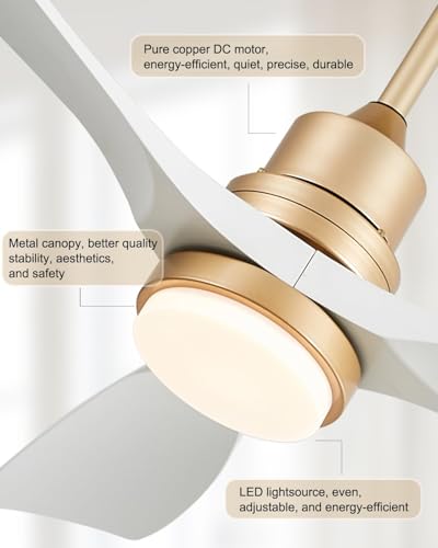 Image of White and Gold Ceiling Fans with Lights and Remote, 52inch Modern Gold Ceiling Fan ETL Listed, 3 Downrods, 3 blade Gold Fan Reversible Quiet DC Motor, Timer,6 Speed for Outdoor Indoor,52in,White Gold