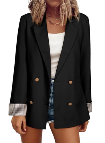 Happy Sailed Black Balzer for Women Business Casual Long Sleeve Plaid Cuff Double Breasted Open Front Work Office Suit Jackets Teacher Outfits Fashion 2025 Large