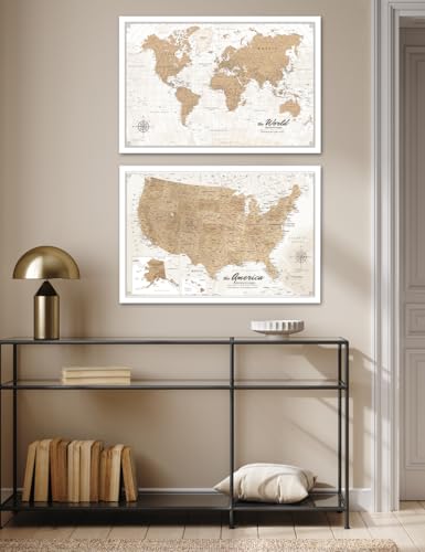 Image of IPIC - Vintage World Map & USA Map Canvas Wall Art Set of 2, Travel Art Prints for Office, Home, Study and RV, Push Pin Board Decor for Travel Lovers, Ready to Hang