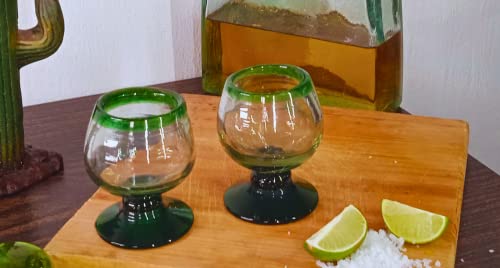 Mextequil - Authentic Mexican Tequila Hand Blown Shot Glasses - Set Of 4-2 Oz - Mini Glass Snifters - Heavy Base - Cognac (Green Rim) #TOP6