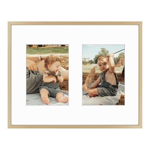 Golden State Art, 7x5 Aluminum Collage Frame, Displays 5x7 Pictures With 2 Openings Mat or One 11x14 Photo, Real Glass, Portrait/Landscape Wall Display, Gold, 1 Pack