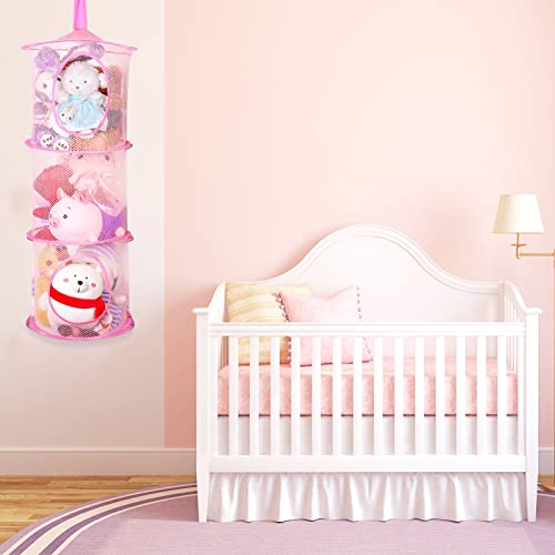 Fuyamp 2Pcs Stuffed Animal Storage Hanging Mesh Stuffed Animal Net Or Hammock Foldable Stuffed Animal Organizer Net Or Hammock 3 Compartments Toy Storage Basket For Kids Girls Room Bathroom (Pink) #TOP4