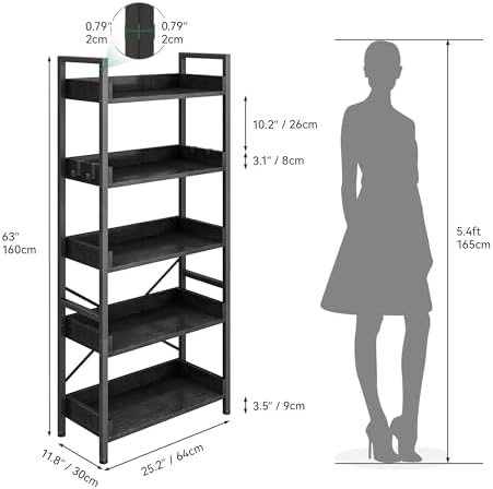 YITAHOME Libreria 5 Ripiani Industriale Nero con 4 Ganci Stabili