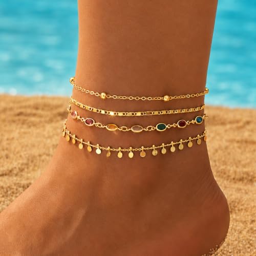 Image of iF YOU Gold Ankle Bracelets for Women, 14k Gold Plated Waterproof Cuban Link Chain Anklets Set, Layered Anklet Bracelets for Women Beach Gift Adjustable Size 5pcs
