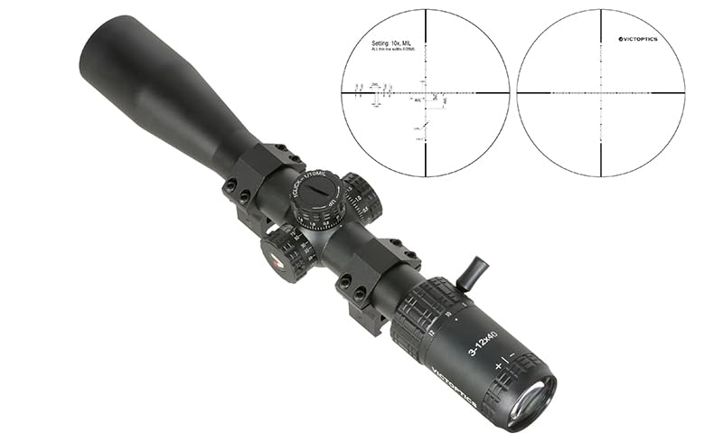 Vict Optics Visor S4 3-12x40 SFP, Retícula MDL, Ajuste 1/10 MIL, Aluminio 6061-T6, Negro. Uso Exclusivo para Airsoft. Anillas para Rail Picatinny de 20 mm