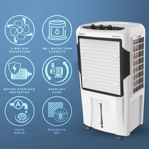Image of Crompton Optimus Desert Air Cooler 80L| High density honeycomb| Auto fill| Water Level indicator| Fully collapsible Louvers| 4 way Air deflection| Humidity control| Cooling mode & Auto Swing