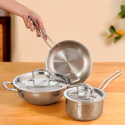 Nestasia Triply Hammered Stainless Steel 5 Pc Cookware Set - Fry Pan (1L), Kadai with Lid (2.25L) & Saucepan with Lid (1L) | Even Heating, Induction & Gas Stove Friendly