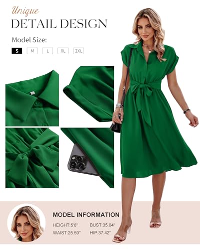 Image of ECOWISH Womens Casual Midi Dresses Solid V Neck Short Sleeve Button Shirt Belted Dress with Pockets for Spring Summer 2026