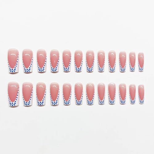 Image of 48 Pcs French Tip Press on Nails & Press on Toenails Set Square Fake Nails with Bohemia Design White Blue Glue on Nails Glossy Artificial Acrylic Full Cover False Toe Nails for Women Summer Manicure