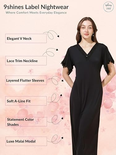 Image of 9shines Label Stylish Soft Modal Maxi Nighty | Honeymoon Nighty | Full Length Trendy Nightgown | V-Neck Lace | Premium Nightdress | Soft Long Nightdress | Maxi Gown Nightwear for Women (Malai Satin)