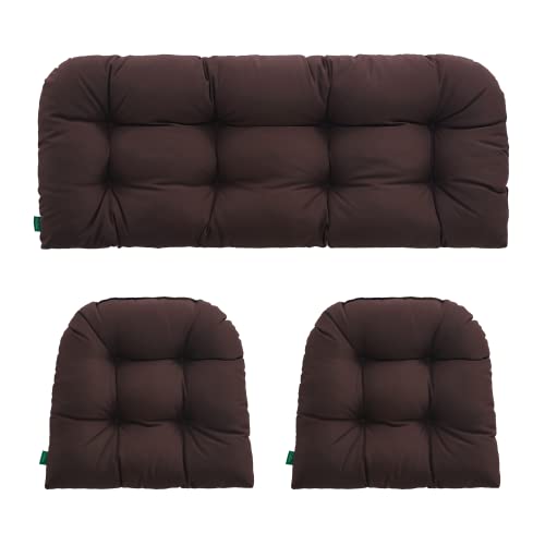 YOOZEKU Outdoor/Indoor All Weather Tufted Wicker Chair Cushion Covers of 3 Pieces, 1 Loveseat and 2 U-Shape Waterproof Cushions for Patio Furniture, Wicker Loveseat, Bench-Coffee