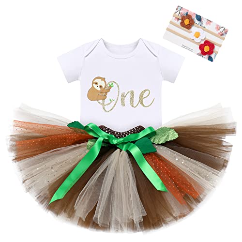 ODASDO Sloth Outfits For Baby Girl 1st First Birthday Cake Smash Jungle Safari Themed One Year Old Party Photo Shooting Toddler Kids Zoo Animal Print Romper Tutu Skirt Headband Set Brown Sloth 12-18M